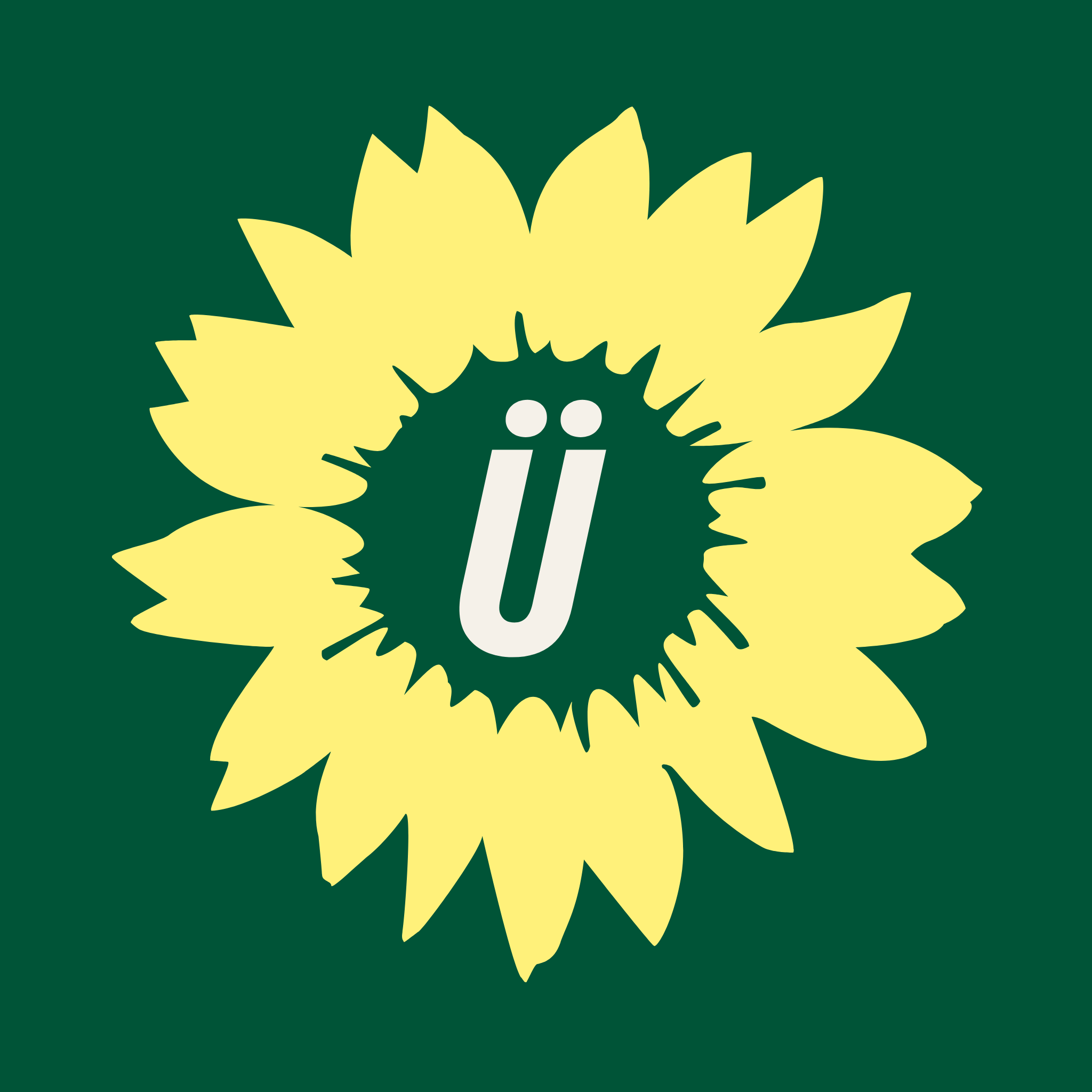 Sonnenblume gelb auf dunkelgrünem Hintergrund mit Buchstabe Ü in der Mitte